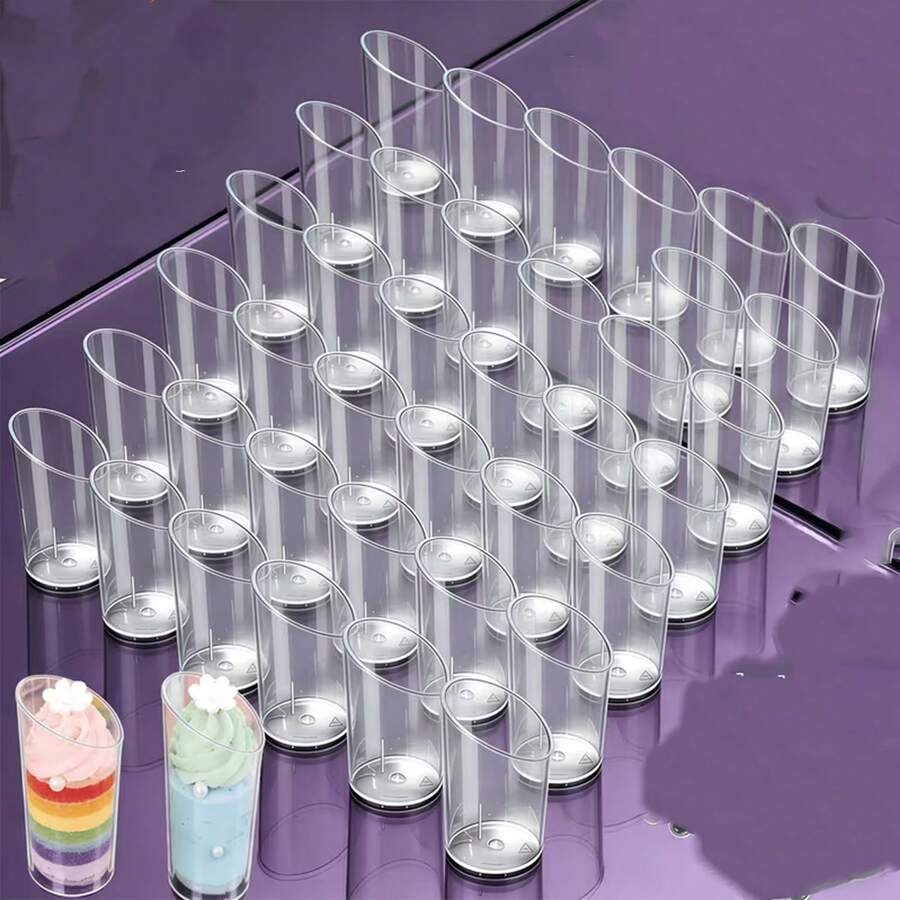 10/20/30/40/50/60/100pcs Mini Dessert Cups, 2.2oz (Approx. 62.4g) Round Plastic Dessert Shooter Cups, Tilted Appetizer Cups Suitable For Party Service, Jelly, Gelatin, Small Bites