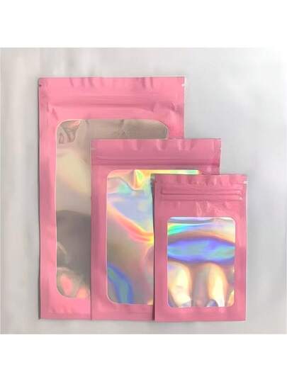 50pcs Thicker Colorful Holographic Self-Sealing Bags, Holiday Party Gift Packaging Bags, Reusable Pink Zipper Seal Bags With Transparent Window, Portable Storage Bags For Nail Tools, Jewelry & Cosmetics Anti-Oxidation