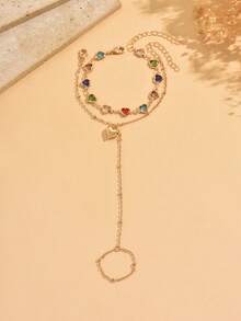 2pcs/Set Elegant Fashion Colorful Heart Rhinestone Bracelet, Charming Alloy Heart Pendant Jewelry, Adjustable Length Bracelet Suitable For Daily Wear, Party, Music Festival, Photo Shoot. The Color Of Heart Rhinestones Is Random. - Multicolor - View 2
