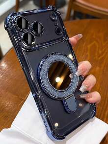 Casing Ponsel Mewah Berlapis Glitter Bening dengan Braket, Kompatibel dengan iPhone 17 Pro Max 17 Pro 17 16 Pro Max 16 Pro 16 15 Pro Max 15 Pro Max 15 Pro 15 Pro Max 14 Pro 13 Pro Max 12 Pro Max 11. Pelindung Kamera Bergaya, Penutup Belakang Transparan Berlapis Elektroplating. - Navy Blue - View 3