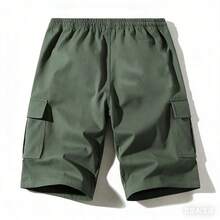 男士工装短裤，多口袋抽绳腰带休闲及膝裤，百搭 - 軍綠色 - 查看 3