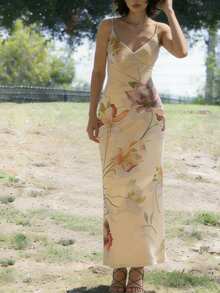 女士V领印花网纱连衣裙，性感沙滩风派对连衣裙，春夏款 - 彩色 - 查看 1