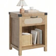 Beaully Rattan Night Stand Boho End Table With One Drawer And Open Shelf, Bedside Table For Living Room Bedroom, Mid-Century Modern Accent Furniture - Natural - View 6