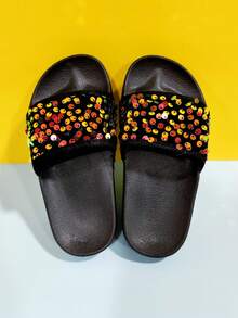 Girls' Glitter Fashion Casual Slippers, Soft & Comfortable Shiny Flat Slides, Suitable For Indoor & Outdoor Wear All Seasons - Black - View 5