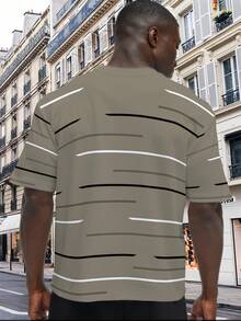 Herren Große Größen lässig 3D Zahlen Muster Kurzarm T-Shirt - Khaki Schwarz Weiß Streifen, Rundhalsausschnitt, Sommer T-Shirt, Maschinenwäsche, bequeme Passform, geeignet für den täglichen lässig Stil - Khaki - Übersicht 2