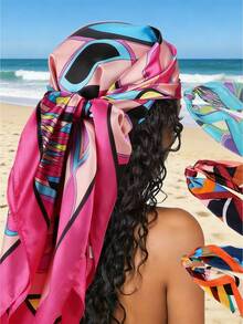 1 chiếc khăn/băng đô lụa in họa tiết phong cách Bohemian đa năng, dài 90cm, phù hợp để sử dụng hàng ngày. - Màu Hồng Tươi - Xem 4