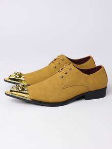 1 par de zapatos casuales y de negocios de suela de goma y piel de PU con puntera de metal para hombre, adecuados para uso diario - Amarillo - Ver 2