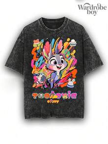 Disney Printed Wash Water T-Shirt,Disney Zootopia Watercolor Judy Printed Short-Sleeve T-Shirt,Unisex,High-Quality Pure Cotton T-Shirt,Suitable For All Seasons, Comfortable And Breathable| Exquisite Design | The Best Choice For Giving Gifts - 黑色 - 查看 1