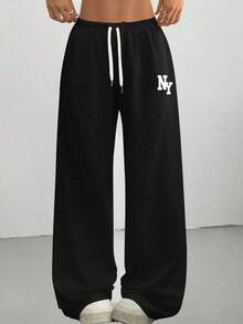 Women's Black Loose Pants With Contrast Color NY Letter Print, Drawstring Waist, Flattering And Slimming, Suitable For Daily, Commute, And Weekend Wear Spring Sports - Black - View 1