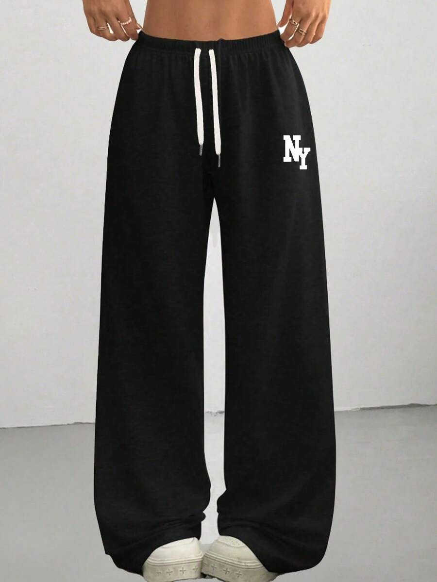 Women's Black Loose Pants With Contrast Color NY Letter Print, Drawstring Waist, Flattering And Slimming, Suitable For Daily, Commute, And Weekend Wear Spring Sports - Black - View 1