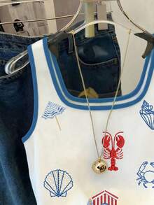 Seashell & Lobster Print Crew Neck Casual Slim Fit Tank Top, Women Summer Vacation Beach Outfit White - White - View 3