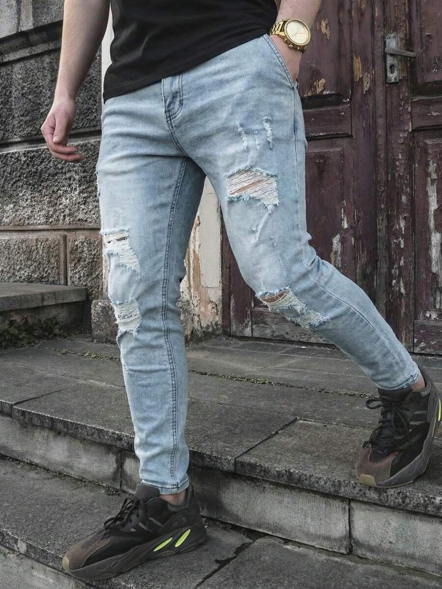 Men's Ripped Casual Tight Jeans, American Retro Small Feet Washed Street Cropped Pants - Medium Wash - View 1