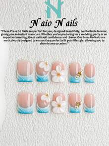 NAIO 10片/套 春夏手工按压式美甲贴片，棺材形/杏仁形/短方形甲片，Y2K 酷炫风格，裸色、蓝白配色，法式边，海洋蓝调，浮雕花朵、波浪纹、星星和珍珠金属配件。乳霜质地，适合女性和女孩，派对、日常佩戴皆宜，附赠工具包，是送给女士美甲的绝佳礼物。 - 彩色 - 查看 16