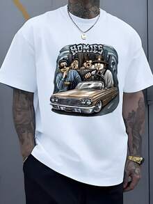 Homies Cruising In A Classic Convertible With A Cityscape Background Embodies Brotherhood And Timeless Cool Representing Camaraderie And Shared Journeys On The Open Road An Iconic Symbol Of Unity And Friendship 1Pcs Men's Casual 100% Cotton Tee - White - View 6