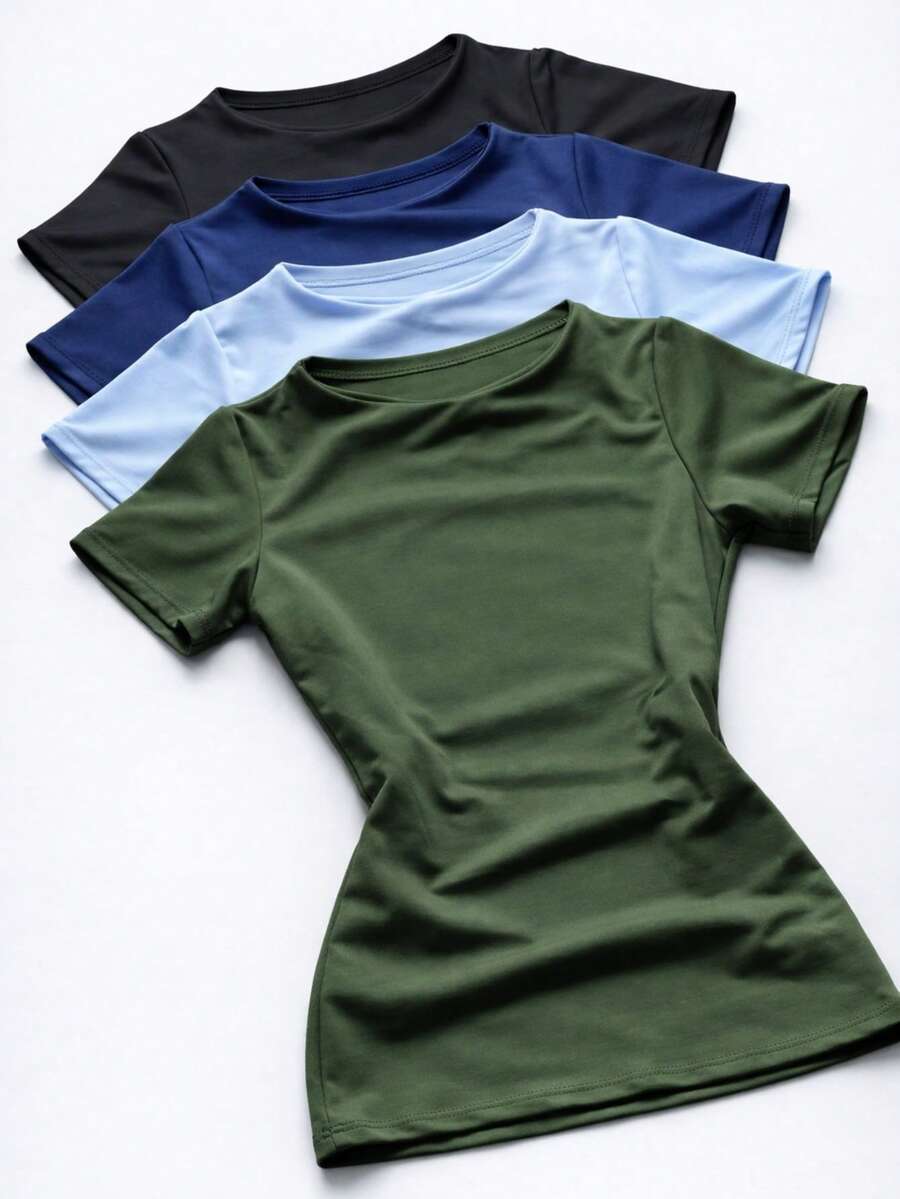Set Of 4 Women's Blouses In Double-Layer Spandex, Basic And Elegant, Blogger Style. - Xanh quân đội, trắng, xanh hải quân và đen - Xem 1