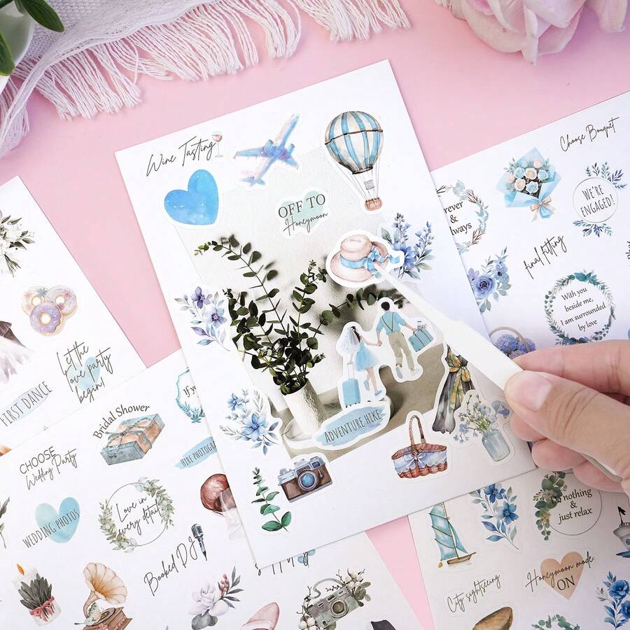 6pcs Elegant Blue Wedding Decorative Stickers, Suitable For Decorating Wedding Albums, Guest Books, Engagement Diaries, Party Favors, Wedding Invitations, Greeting Cards, Planners, Etc. Waterproof DIY Romantic Stickers, Packaging Stickers, Holiday Gift Stickers, Planner Stickers, Applicable For Wedding Souvenirs, Wedding Planning, Valentine's Day Planning, Also Suitable For School Supplies, Back To School Preparation