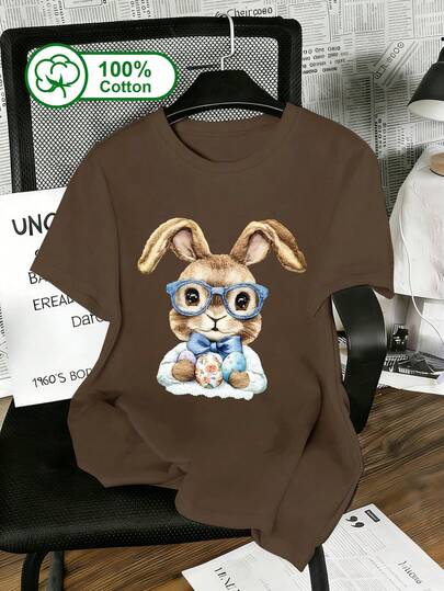 Women's Casual Short-Sleeve T-Shirt With Easter Bunny Wearing Glasses Print, 100% Cotton, Suitable For Outdoor Wear, Summer Outfits, And Women's Printed Designs. It Makes A Perfect Holiday Gift For Women.