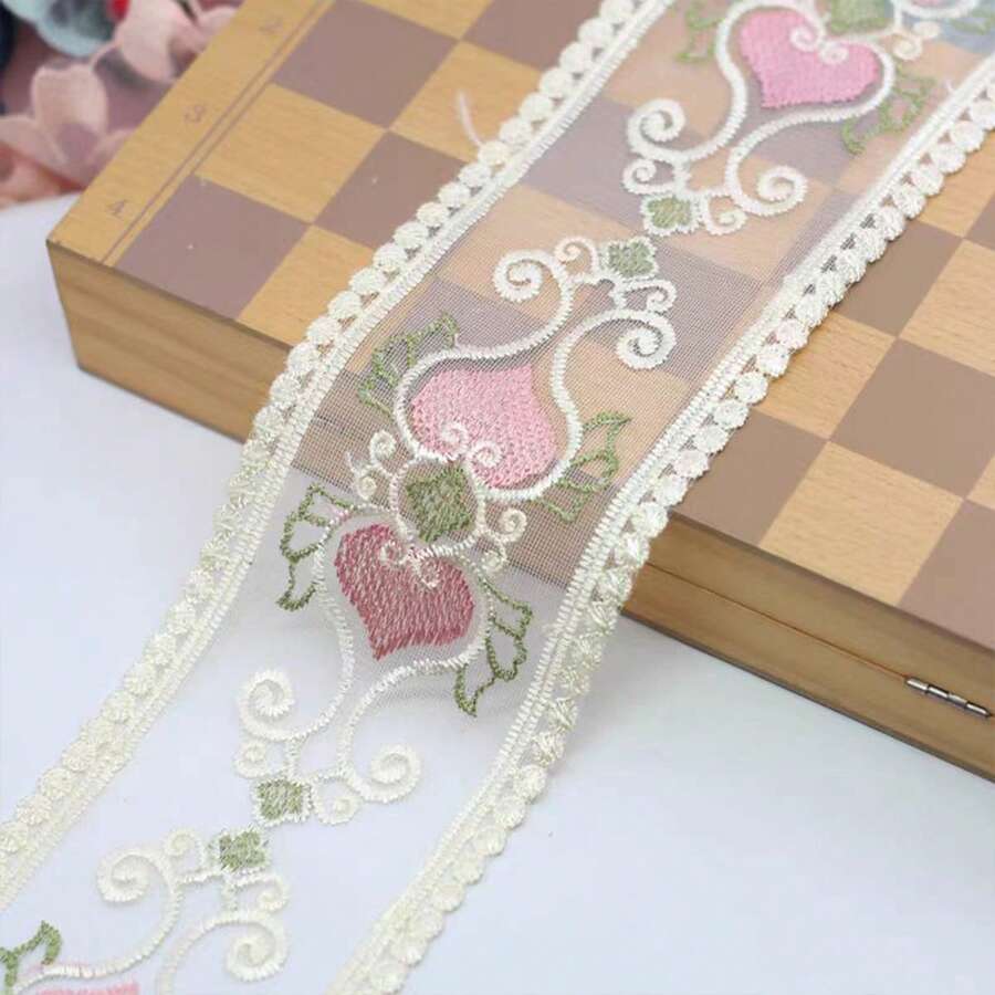 2Y-8.5cm Vintage Rose Flower Embroidered Lace Ribbon, DIY Handmade Bow Trim Satin Ribbon Decor & Packaging - Pink - View 1