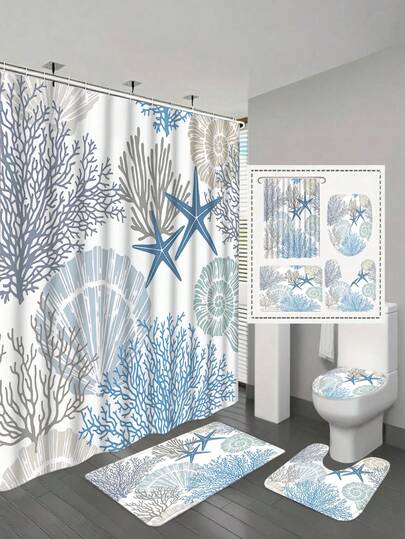 1/4pcs Nautical Coastal Theme Shower Curtain Set, Beach Ocean Theme Bathroom Curtains, Summer Tropical Seashell Starfish Coral Pattern Shower Curtain Set, Toilet Seat Cover, Non-Slip Rug, Bath Mat And Waterproof Shower Curtain, With 12pcs C-Shape Plastic Hooks