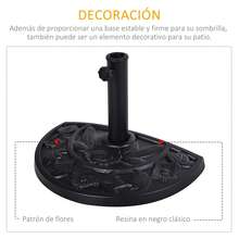 Outsunny Base de Sombrilla Semicírculo Peso 9 kg Soporte para Parasol de Resina para Poste de Paraguas de Ø3,8 cm y Ø4,8 cm para Terraza Patio Jardín Playa 50x31x32 cm Negro - A - Ver 5