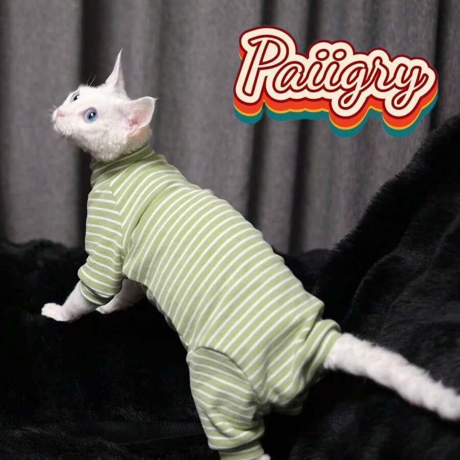Ribbed Four-Leg Cat Sweater, Warm Base Layer For Autumn/Winter, Comfortable For Indoor Play, Suitable For Hairless Cats & Devon Rex, High Elasticity & Skin-Friendly Ribbed Knit - Green - View 1