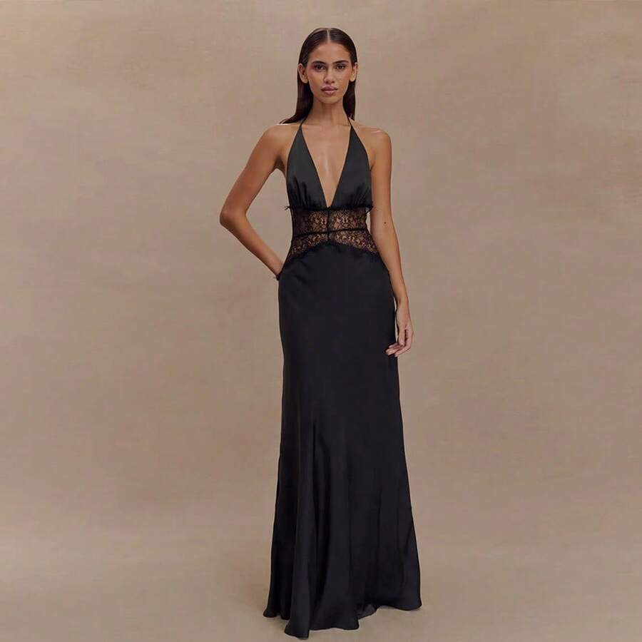 2026 Summer New European And American Women's Fashion Sexy Deep V Backless Lace See-Through Slim Fit Bodycon Dress For Women - màu đen - Xem 1