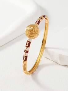 1 pieza Brazalete de Oriente Medio de Arabia Saudita chapado en oro de 24K, diseño con relieve de cuentas esmaltadas en contraste rojo y blanco, accesorio exótico para fiestas - Amarillo Oro - Ver 1