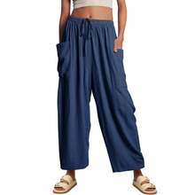 2026 Women's Elastic Waist Pleated High Waist Wide Leg Pants Loose Casual Cotton Linen Trousers Suitable For Going Out, Suitable For Mothers And Sisters To Give Gifts - 藏蓝色 - 查看 12