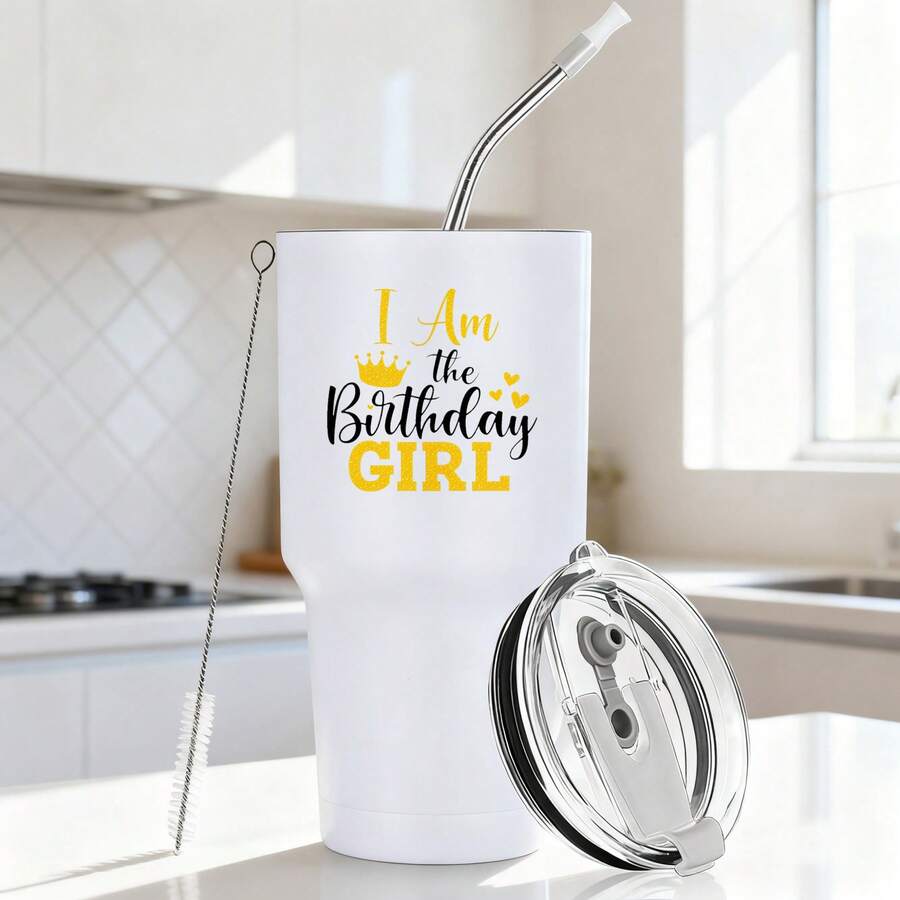 30oz Stainless Steel Tumbler Black White Options, I Am The Birthday Girl Graphic Cups, Insulated Travel Coffee Mug With Lid And Straw , Double Wall Vacuum Reusable Travel Cups, Funny Birthday Party Gift For Women & Men - 白色 - 查看 1