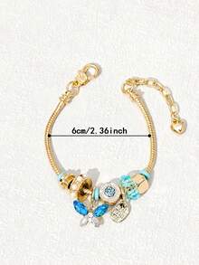 1pc Women's Adjustable Bracelet With Multi-Color Heart & Butterfly Pendant (Rhinestone Position Random) - Baby Blue - View 4