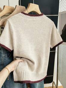 Áo len nữ cổ tròn phối màu cổ điển, áo dệt kim tay ngắn phối màu tương phản cao cấp (chỉ áo), mùa xuân/hè. - Đỏ - Xem 3