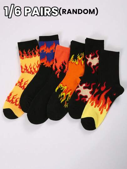 1/6 双装街头火焰印花中筒袜，撞色图案，透气吸湿，颜色随机发货