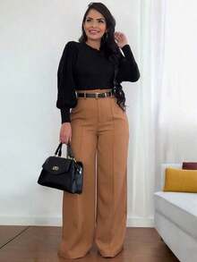 Solid Black High-Waisted Wide-Leg Pants 1pc Elegant Office Casual Loose Fit Chic For Daily Work Date All Seasons - Màu Khaki - Xem 5