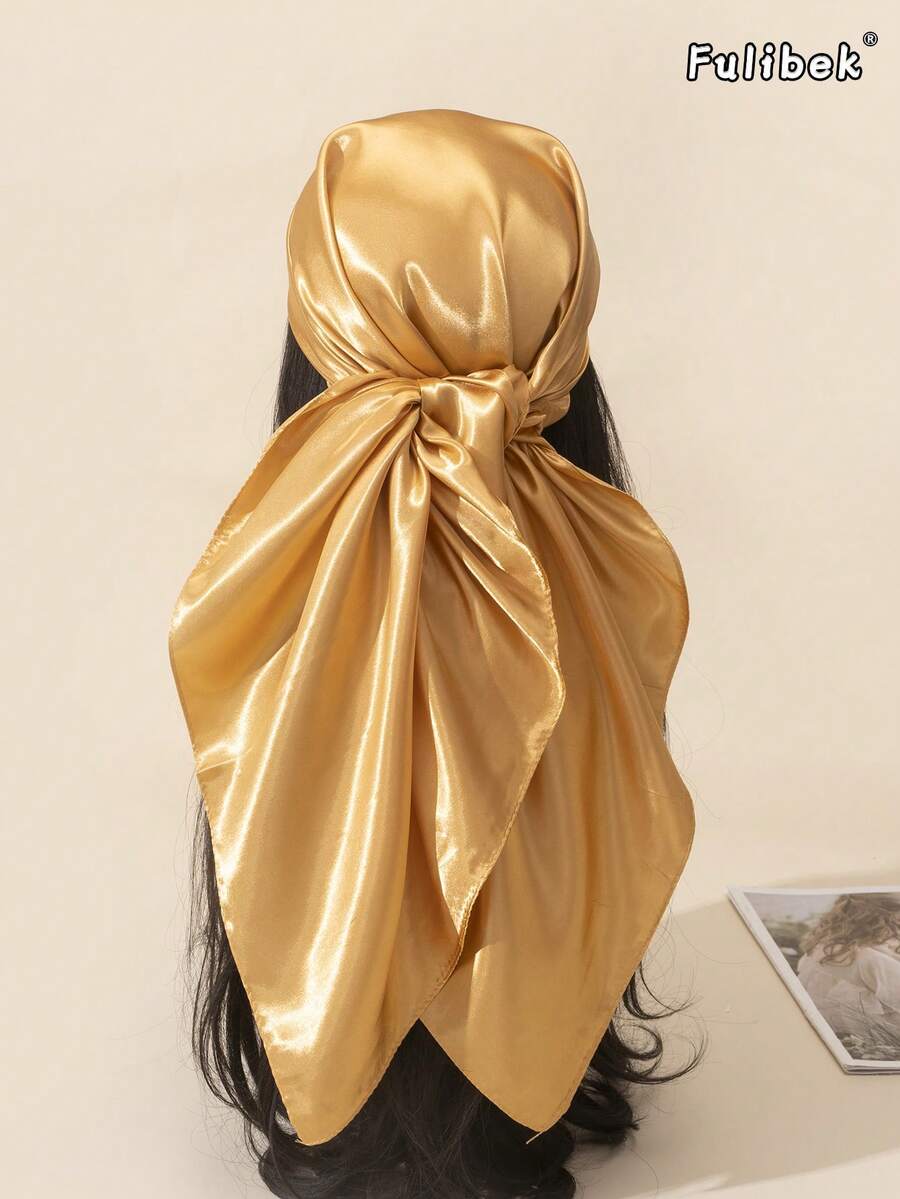 1 chiếc khăn vuông bằng satin màu trơn, kích thước 35,4 inch, thích hợp cho bãi biển, kỳ nghỉ, phụ kiện, đồ dùng cần thiết khi đi du lịch. - Màu vàng - Xem 1