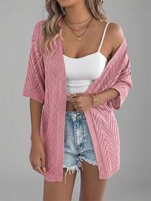 Summer New Hollow Out Short Sleeve Knit Cardigan, Vacation Beach Cover Up Thin Jacket For Women Pink - Pink - View 5