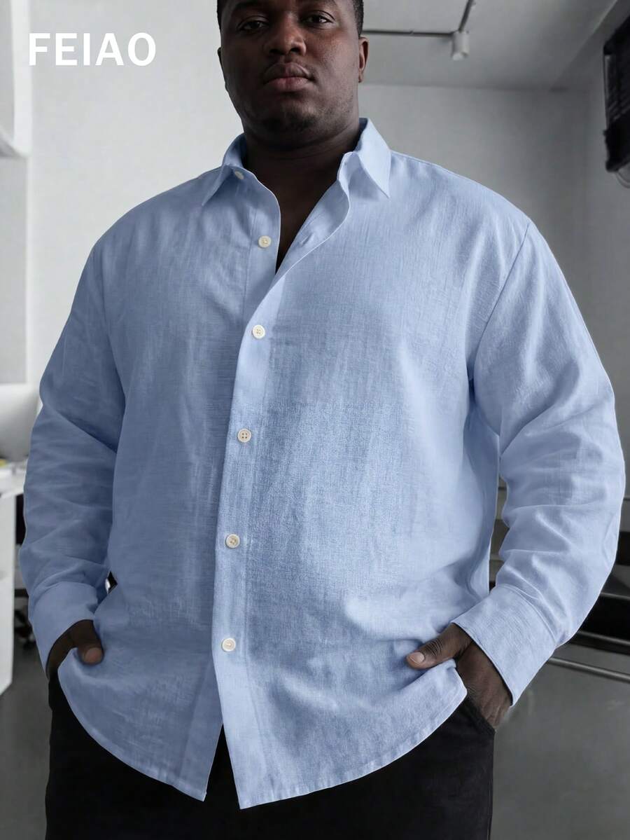 Áo sơ mi nam dài tay cài cúc kiểu cổ điển FEIAO, chất liệu cotton nguyên chất pha chút vải lanh, thiết kế giản dị, đa năng, phù hợp mọi mùa. - Màu xanh nhạt - Xem 1
