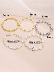5PCS/Set Boho Style Blue And White Porcelain Faux Baroque Faux Pearl Beaded Golden Beaded Multi-Layer Bracelet Set, Suitable For Women Evening Party & Daily Wear For Woman Teen Girls Valentine's Day Summer Jewelry,Mom,Mother,Mother's Day Gift - Multicolor - View 5