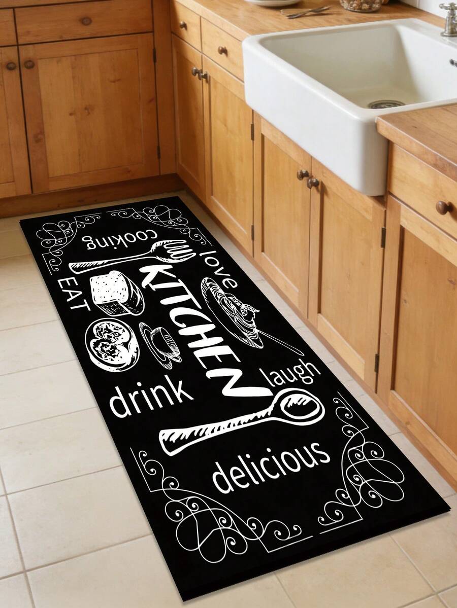 1pc Rubber Kitchen Mat, Simple Line Pattern Tableware Print Kitchen Carpet, Long Runner Rug For Laundry Room, Customizable Size To Fit Sink, Stove, Dining Area, Entryway, Easy To Clean And Maintain, Practical Doormat Decor - Black and White - View 1