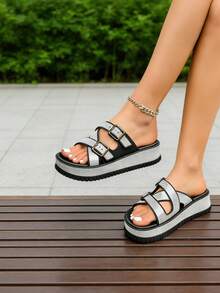 FZY Platform Slides For Women, Adjustable Buckle Glitter Straps, Comfortable Chunky Flatform Sandals, Non-Slip Open Toe Y2K Summer Slippers For Beach, - 黑色 - 查看 2