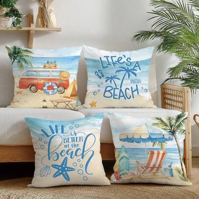 4pcs Summer Beach Camping Van & Ocean Print Cushion Covers, Single-Sided Soft Peach Skin Velvet Material, 45*45CM Pillow Covers Suitable For Room Decor, Indoor Sofa Living Room Decor, Party Decoration, Decorative Pillow Gift