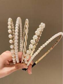 Set de 5 diademas con perlas falsas para mujeres, accesorios para el cabello para el hogar y la belleza - Blanco - Ver 3