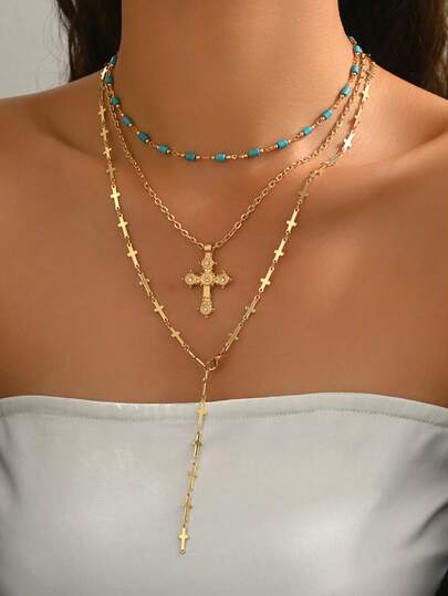 3件套简约优雅金链绿松石叠层项链，复古十字架吊坠装饰Y字形长项链，时尚女式首饰，适合日常佩戴及耶稣升天节。