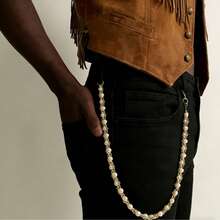 Gold Tone Pearl Beaded Chain Belt For Jeans - 21.6" Boho Waist Chain, Vintage Hip Hop Pants Chain, Fashion Accessory For Men & Women, Punk Hip Hop Wallet Chain, Stylish Bag Charm Accessory - 珍珠銅鏈褲鏈 - 查看 2