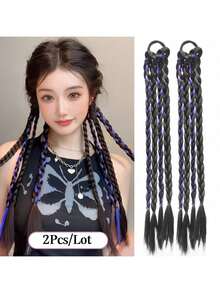 2pcs Fashionable Colorblock Elastic Braided Hair Bands, Ponytail Hair Extensions, Rainbow Color Hair Ties, Boxer Braid Synthetic Hair Extensions, Ombre Hair Scrunchies, Suitable For Women, Girls And Kids For Daily And Party Decor, Length 45cm - Multicolor - View 14