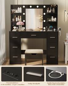 Devoko Large Dressing Table With Adjustable LED Lighting, Mirrored Dressing Table, With 7 Drawers, 4 Open Shelves And 2 Power Outlets, Suitable For Bedrooms, White - Black - View 9
