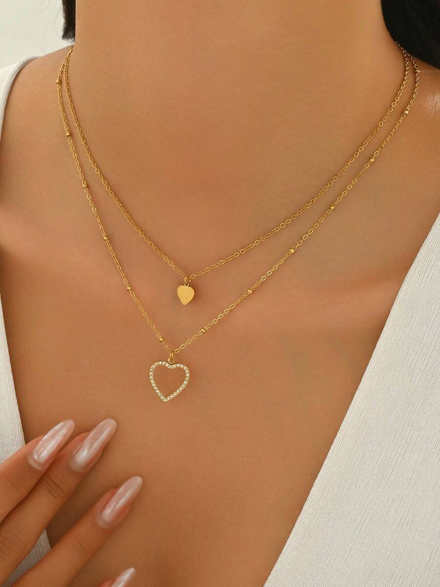 LIEBEIRIS 1条18K镀金镂空心形镶嵌宝石双层不锈钢项链，适合女士日常佩戴和作为礼物 - 金黃色 - 查看 1