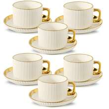 6.5盎司意大利陶瓷咖啡杯碟套装，适用于卡布奇诺、拿铁、意式浓缩咖啡和土耳其咖啡，适合家庭聚会，耐热耐冷。 - D款 - 查看 1