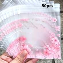 50/100/200个粉色花朵樱花图案自粘包装袋，适用于婚礼、生日和节日礼品包装 - 查看 8
