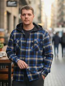 Men's Adult Flannel Plaid Shirt With Hood. - 藍色 - 查看 1