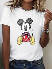 Disney Sketch Mickey Mouse Oversized T-Shirt: White Loose Fit Cotton Tee With Hand-Drawn Mickey Graphic, Perfect For Theme Park Visits, Casual Wear And Disney Fans, Ideal Gift - 白色 - 查看 1